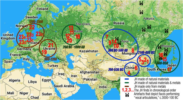 Weltweite geografische Verteilung archäologischer Funde von Maultrommeln, datiert vor dem 14. Jh.