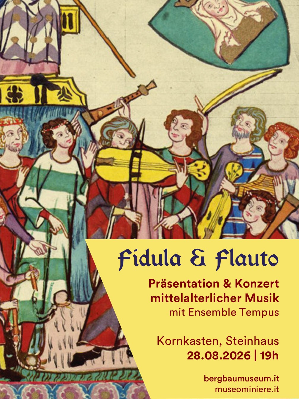 28.August 2026: Präsentation & Konzert mittelalterlicher Musik mit Ensemble Tempus für frühe Musik im Rahmen der Ausstellung „Fidula & Flauto“